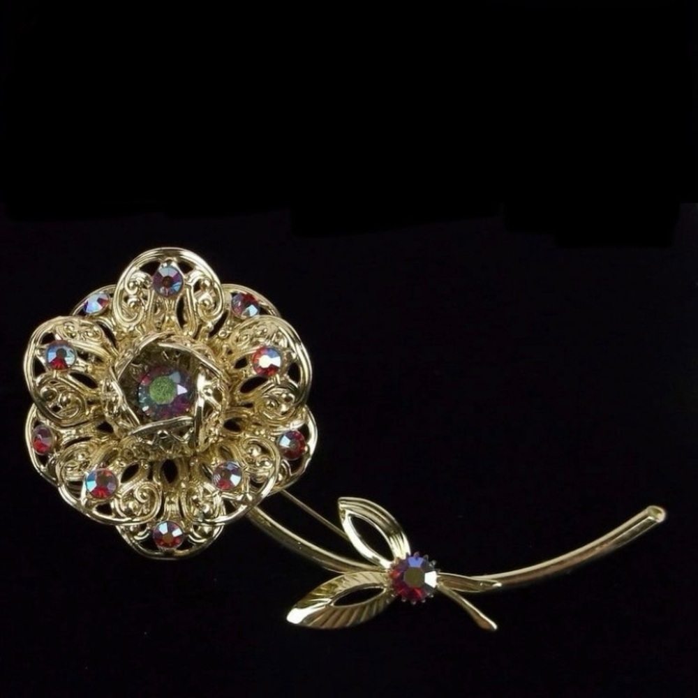 Vintage 1960s Sarah Coventry Rhinestone Flower‎ Brooch Big